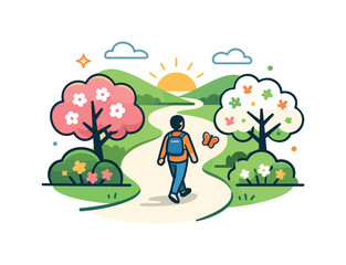 Fototapeta premium Morning walk in spring park gentle movement along a winding path with blooming trees and soft sunlight, expressing mindfulness, balance and a