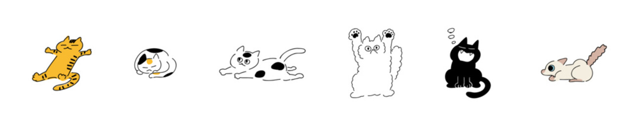 ねこ、いろいろなポーズ_カラー｜きじとら,三毛猫,ぶち猫,長毛猫,黒猫,シャム猫｜Various cats Cat:White Cat, Black Cat, Tabby Cat, Tuxedo Cat, Long-haired Cat, Calico Cat 