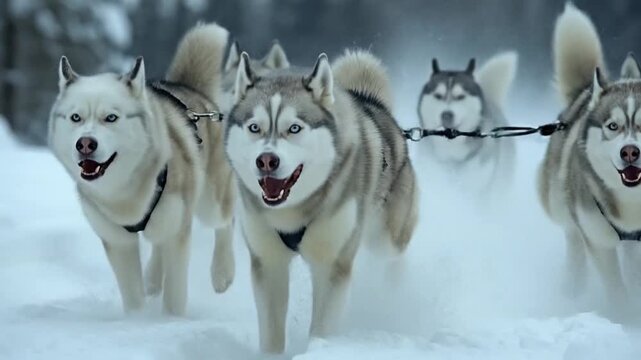 Siberian husky pack running in snow. Powerful sled dogs in winter landscape. Cinematic action shot with dramatic lighting. Ultra realistic fur detail. Arctic dogs sprinting through