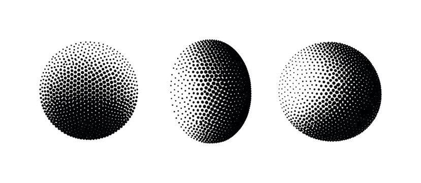 Three abstract spheres with halftone dot patterns in black and white