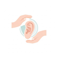Minimalistic Human Ear Vector Illustration, Ear Health and Protection Concept, Caring Hands, Flat Design, Modern Clean Style