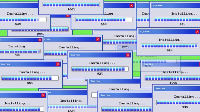 Computer System Installing Process with Animated Progress Bar and Alert Popups