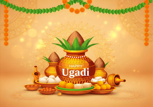 Happy Ugadi traditional feast with sweets, pots, and festive decor