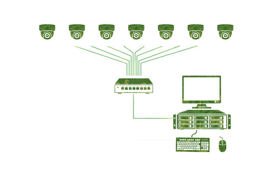 Green CCTV IP Camera Network Diagram with Router NVR Monitor and Peripherals on PNG Background