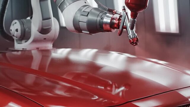 Automated robotic arm precisely spray painting a new red car in a modern