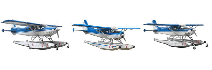 Twin-float seaplane with pontoons, blue and white paint, realistic metal texture, isolated on pure white background, studio style © jamilkhan