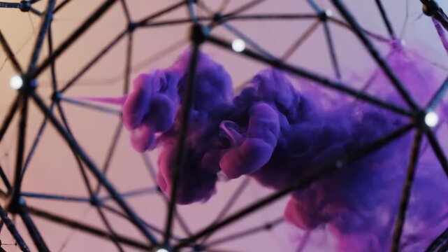 Purple ink cloud inside geodesic sphere abstract art visual effects simulation and artistic conceptual design