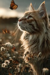 A photo of a yellow long-haired cat catching butterflies with a prairie in the background