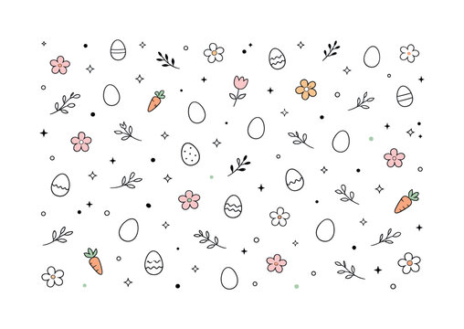 Cute Easter egg and flower pattern with carrots and leaves on white background