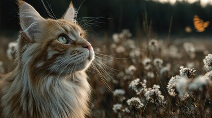 A photo of a yellow long-haired cat catching butterflies with a prairie in the background