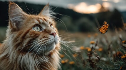 A photo of a yellow long-haired cat catching butterflies with a prairie in the background