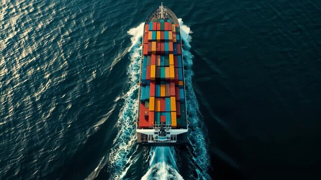 Container ship transporting cargo across open ocean