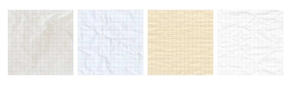 vintage crumpled square grid checkered paper texture overlay set. wrinkled graph notebook background pages collection in beige blue yellow and white tones. blank empty template mockup