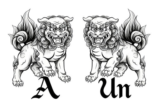A pair of powerful, stylized shisa guardian lion-dogs, one open-mouthed, one closed-mouthed, rendered in monochromatic sumi-e ink on a stark white background, representing ancient japanese duality