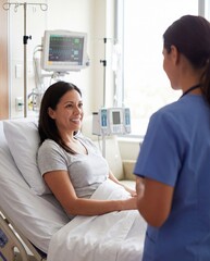 Obraz premium Female patient in hospital bed talking to nurse in medical setting
