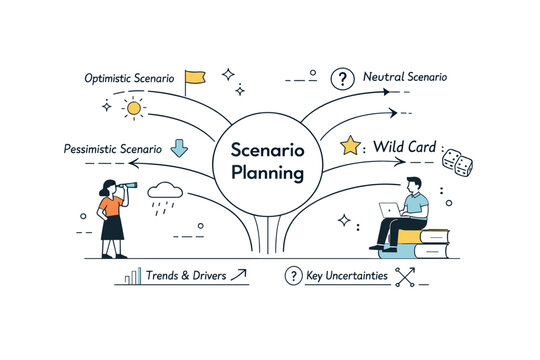 Foresight methodology diagrams. Modern editorial illustration showing scenario planning with multiple pathways emerging from a central point, supported by