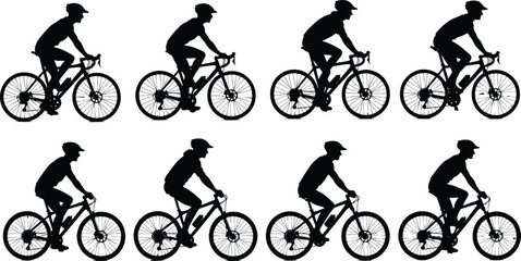 Fototapeta premium Set of cyclist silhouettes, mountain bike and road bicycle riders in various racing positions, isolated on white background, for sports design