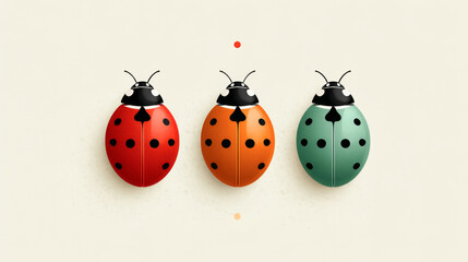 Colorful ladybugs in red, orange, and green on light background