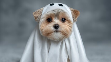 dog in a white silky ghost costume, face is covered