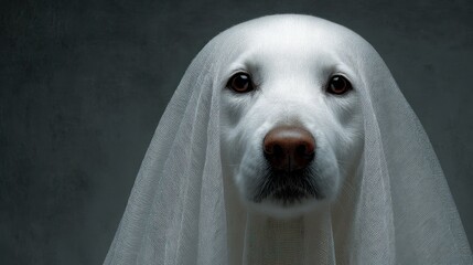 dog in a white silky ghost costume, face is covered