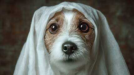 dog in a white silky ghost costume, face is covered