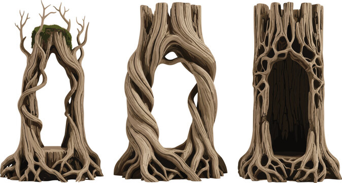 Fantasy Tree Trunk Portal Vector Illustration Set with Twisted Roots, Hollow Wooden Doorways, and Enchanted Forest Frame Design Elements
