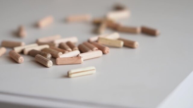 Wooden furniture pegs. Wooden furniture pegs scattered on the surface of the chipboard. Furniture assembly at home. Pour wooden pegs for assembling furniture onto the surface