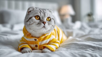 cat is wearing cute pajamas. The pajamas are made of yellow and white striped seersucker fabric