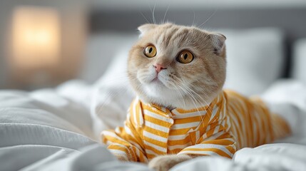 cat is wearing cute pajamas. The pajamas are made of yellow and white striped seersucker fabric