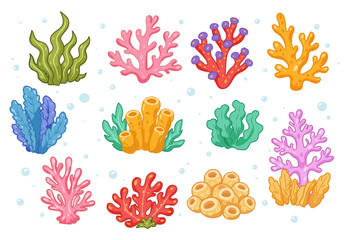 Cartoon ocean plants. Corals and seaweed, marine kelp, aquarium plants. Underwater reef flora vector illustration icons set © Kseniya