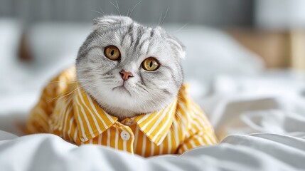 cat is wearing cute pajamas. The pajamas are made of yellow and white striped seersucker fabric