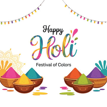 Happy Holi Greeting Card Design with Colorful Powder Bowls and Decorative Elements