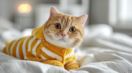 cat is wearing cute pajamas. The pajamas are made of yellow and white striped seersucker fabric