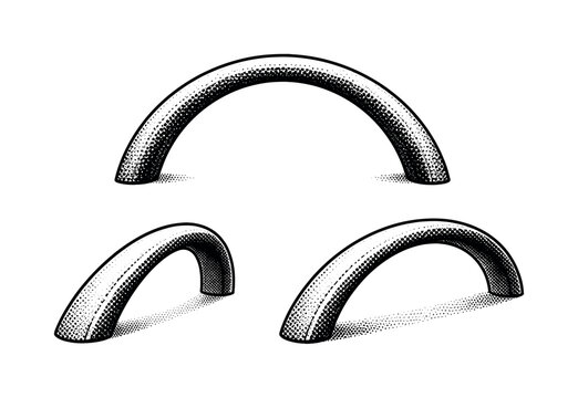 Set of three curved metal handles in a vintage etched illustration style