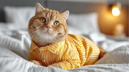 cat is wearing cute pajamas. The pajamas are made of yellow and white striped seersucker fabric