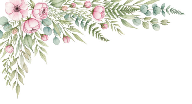 Watercolor pink peonies and green foliage corner border design element isolated PNG with Transparent Background