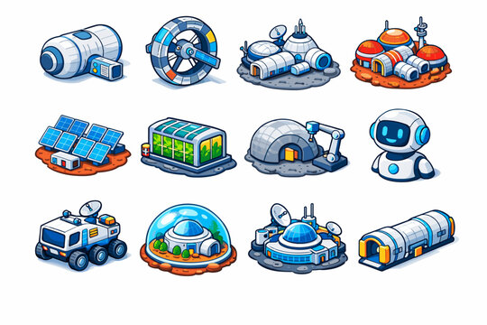 Isometric Space Habitats. Future space habitats. Colorful isometric vector icons set of Future space habitats: inflatable module, rotating habitat ring, lunar
