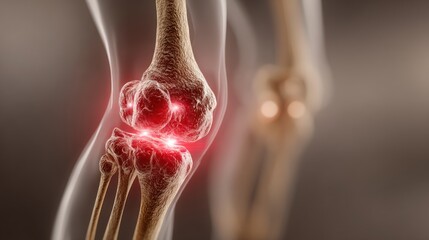 Realistic illustration of glowing red light on painful knee joint