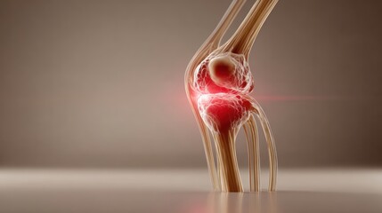 Realistic illustration of glowing red light on painful knee joint