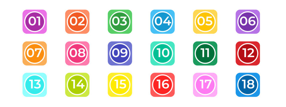 Vibrant circular number icons 1&ndash;18 with flat and outlined typography, colorful vector elements for UI, infographic layouts, learning materials and fun design projects
