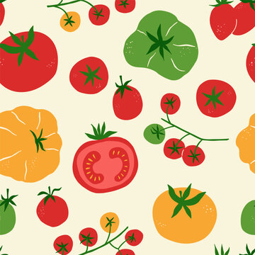 Seamless pattern with fresh red, yellow, green tomatoes including cherry tomatoes, sliced tomato and different garden tomato varieties in flat hand drawn style on light background