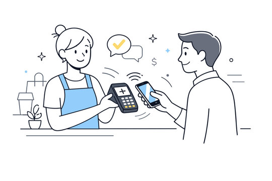 Seamless Digital Transactions. Digital payments adoption. A shop owner accepting a contactless payment via smartphone or card reader, showing ease and modern
