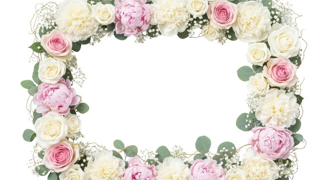 Rectangular floral frame with pink and white peonies, roses, baby's breath, and eucalyptus leaves isolated PNG with Transparent Background