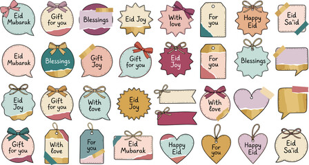 Islamic Greeting Stickers Set with Eid Mubarak, Ramadan Kareem and Muslim Phrases Illustration