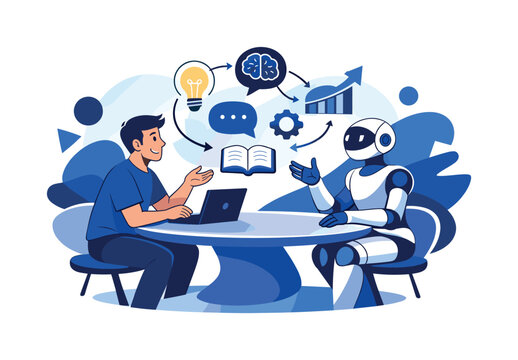 Co-learning environment. Human and AI exchange ideas around an abstract table, floating