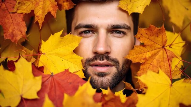 Man peering through vibrant autumn maple leaves in seasonal colors