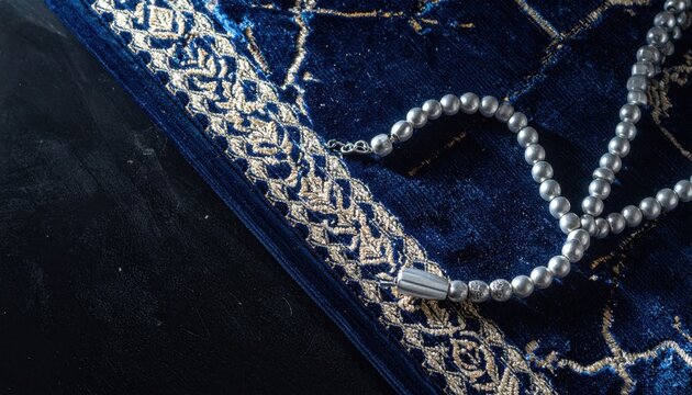 Close up of silver prayer beads on a rich blue fabric with intricate gold embroidery illuminated by soft light