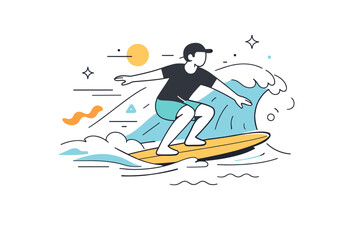 Fototapeta premium Surfing on ocean waves. A person riding a wave with motion lines and floating abstract shapes emphasizing dynamic movement and energy. Minimalist flat vector