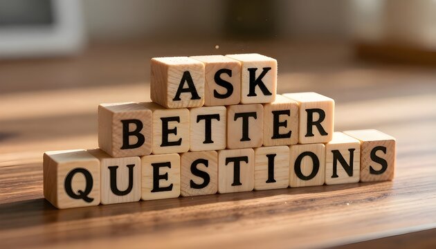 Handcrafted Wooden Letter Blocks Ask Better Questions on Walnut Desk Leadership Concept