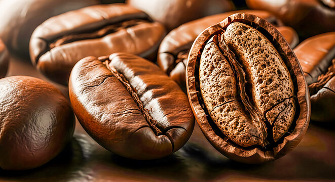 Close-up of roasted coffee beans with one cut open